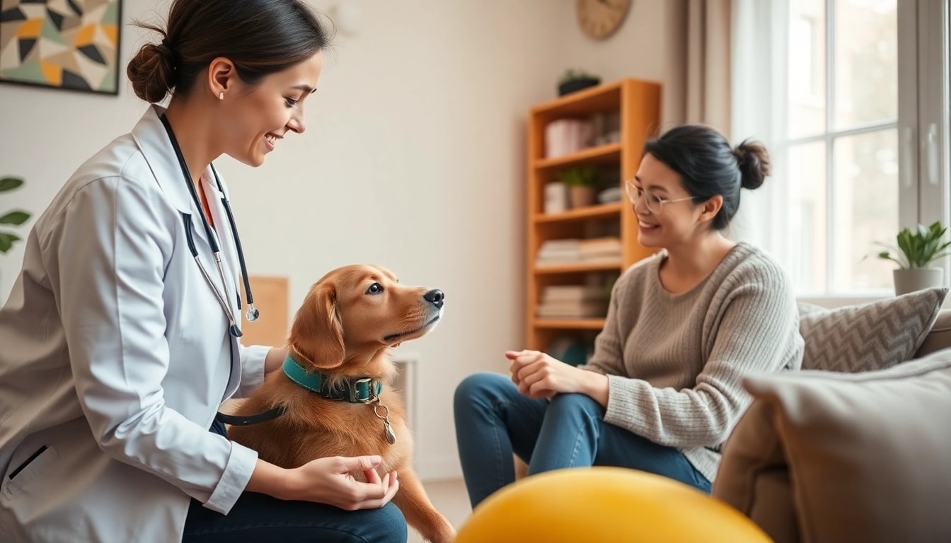 Psychologist with a dog Sydney providing therapy in a calming space with a client.