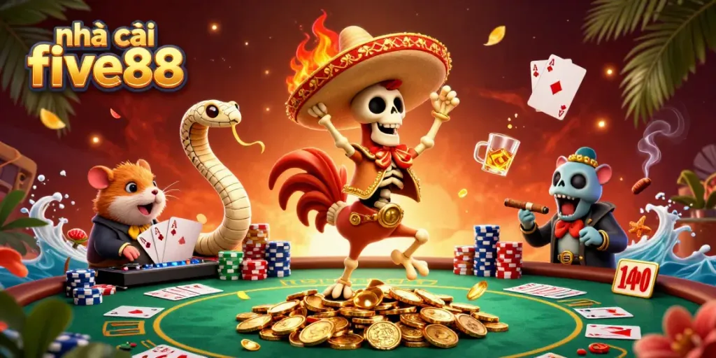 Experience the excitement of nhà cái five88 with a colorful and festive 3D casino scene.