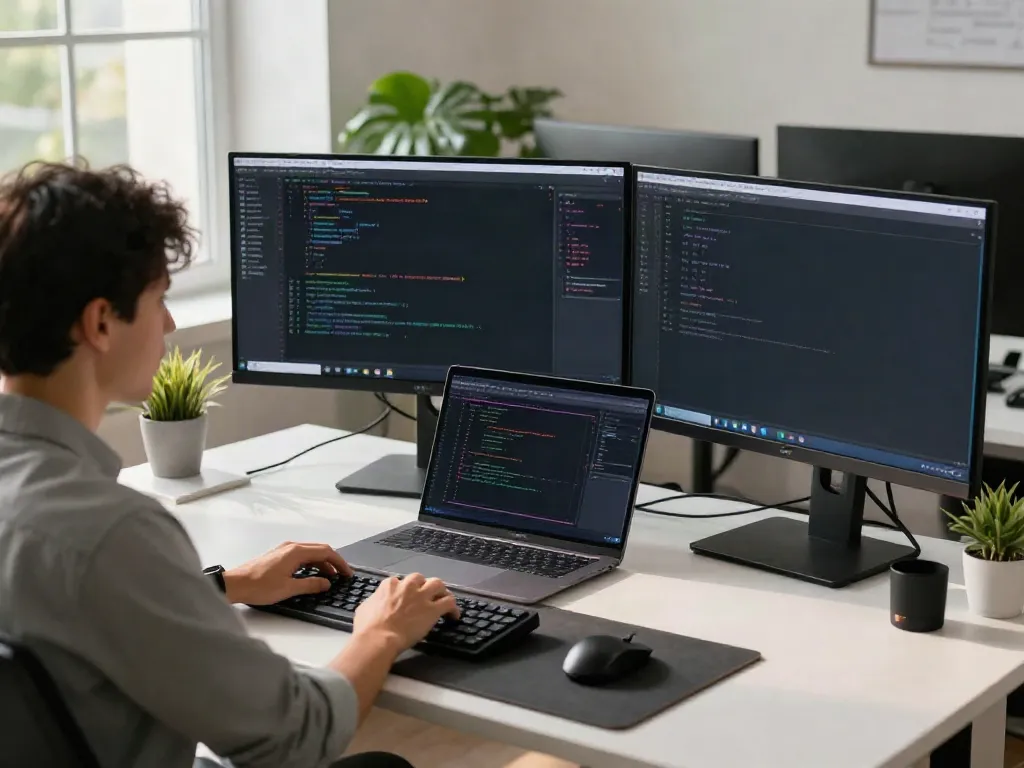 Look at this website's tech workspace with a developer coding in a bright office.
