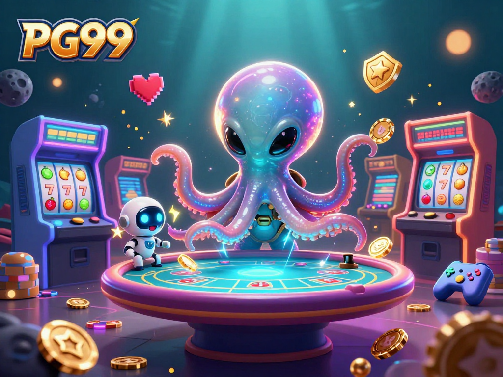 Experience PG99's thrilling poker action with an alien octopus and vibrant game elements!