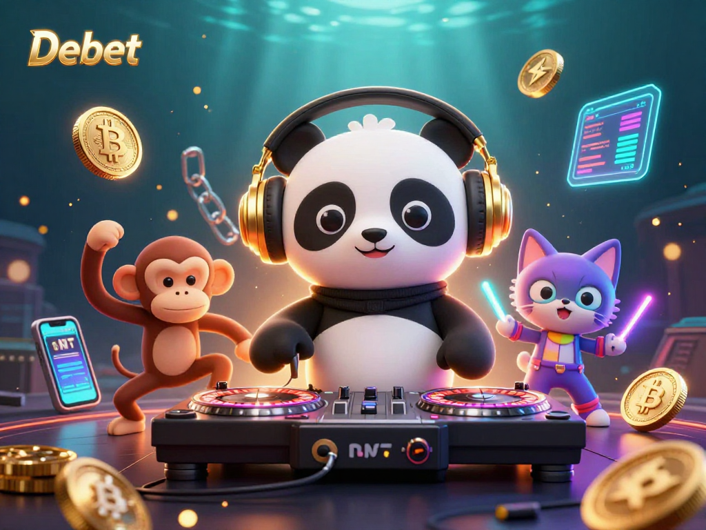 Engage with Debet's vibrant gaming scene featuring a DJ panda, breakdancing monkey, and rave kitten.