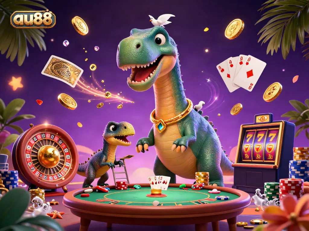 Engage in casino excitement with au88, featuring dinosaurs and vibrant gaming elements.