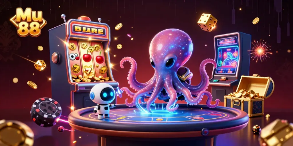 Experience thrilling gaming at Mu 88 with an alien octopus dealer and vibrant slot elements!