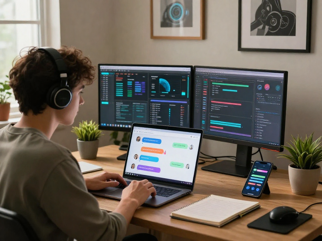 Engaging porn AI chat experience in a modern workspace with vibrant decor.