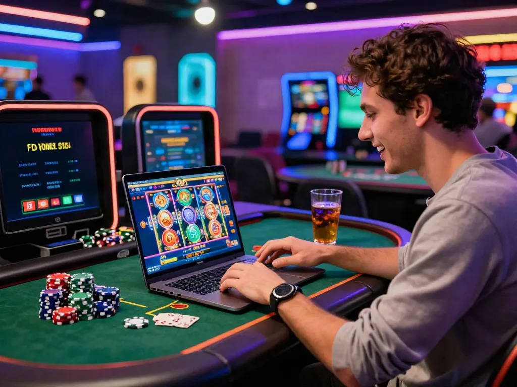 Player engaging at a credit card casino, showcasing online gaming excitement with vibrant elements.