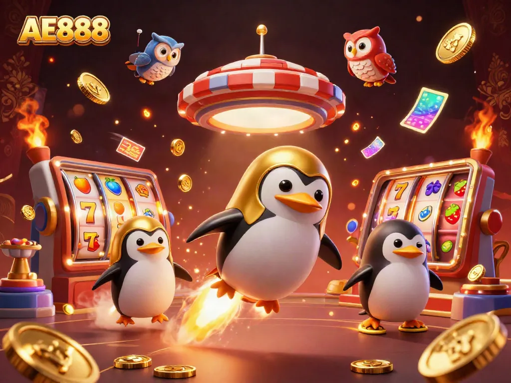 Experience excitement at AE888 with a golden penguin blasting through an engaging casino scene.