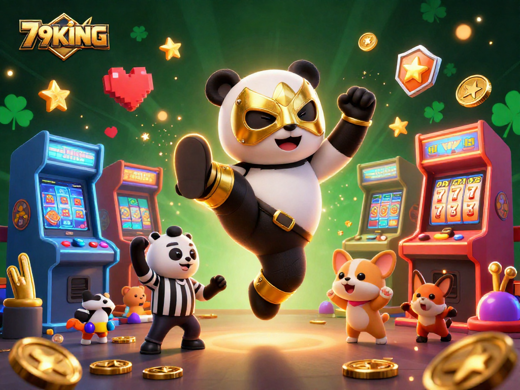 79KING showcases a vibrant 3D illustration with a wrestling panda in a casino setting, cheering fans, and dynamic game elements.