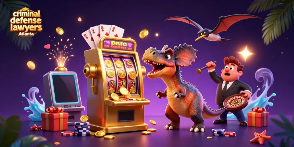 Engaging illustration of criminal defense lawyers Atlanta, featuring a pachycephalosaurus jackpot at a casino.