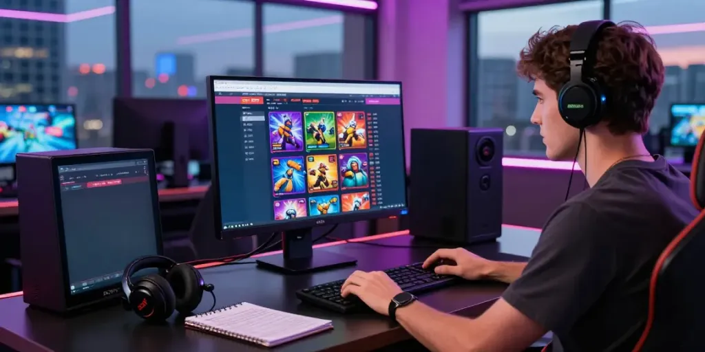 Young adult enjoying online gambling at 9bet, modern gaming setup with vibrant atmosphere.