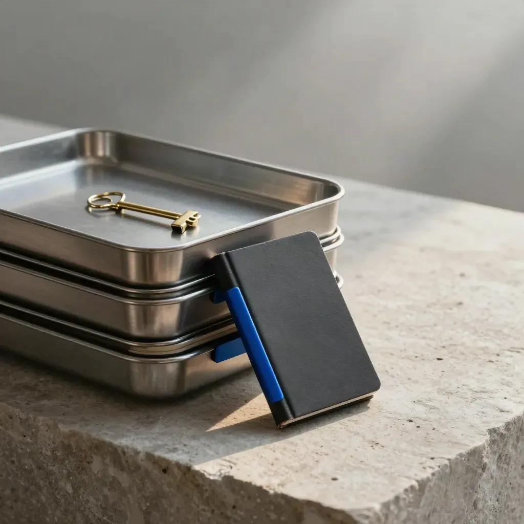 Brushed-metal inbox trays, brass clips and a charcoal notebook on pale stone in dramatic morning light.