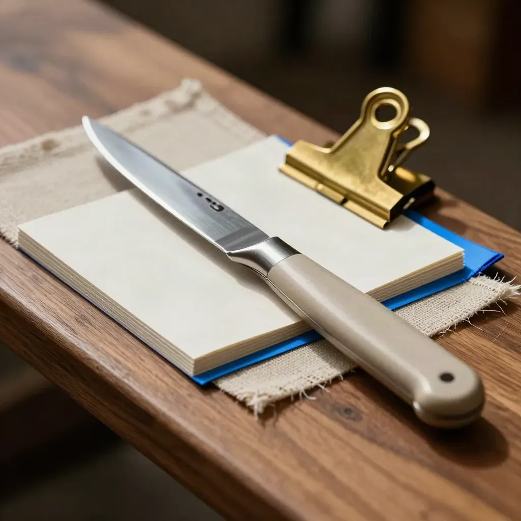 Macro still life of a craft knife, face-down sample cards and brass clip on linen board