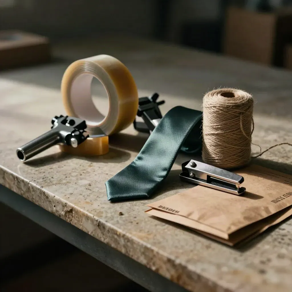 Parcel tape gun, twine spool and steel opener on warm stone in dramatic studio light.
