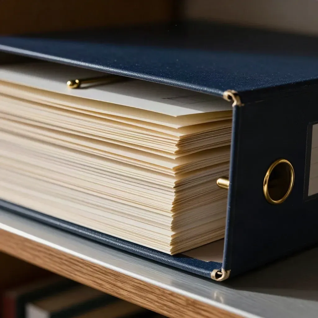 Macro of a navy sales contact file with brass rings and a card box on pewter, lit from upper left