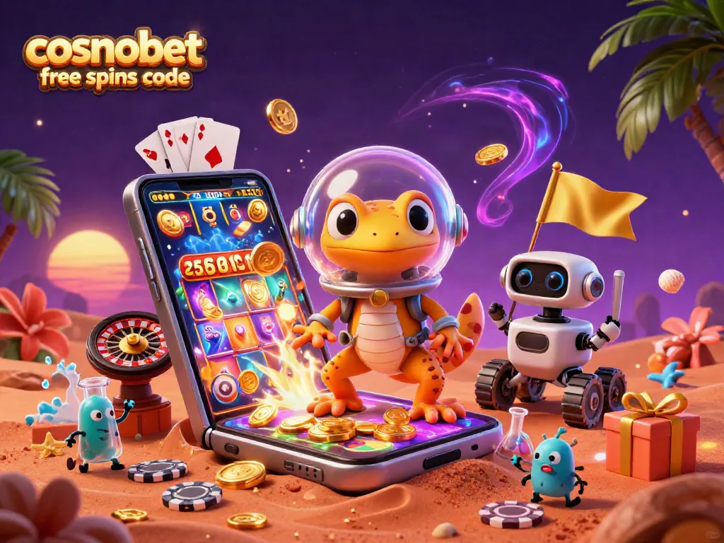 Spin to win with cosmobet free spins code in a vibrant Martian casino illustration.