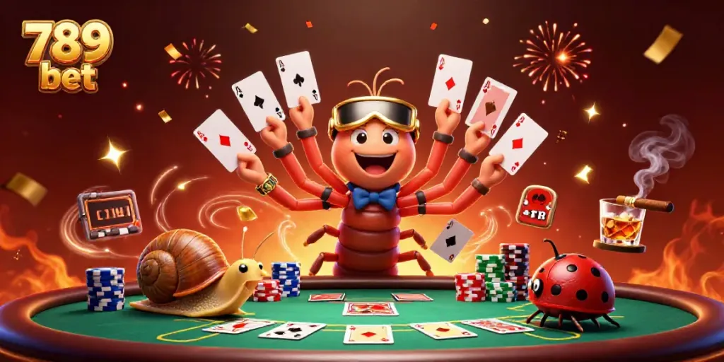 Experience the excitement of 789 bet with a dynamic poker scene featuring a millipede dealer and high-roller snail.