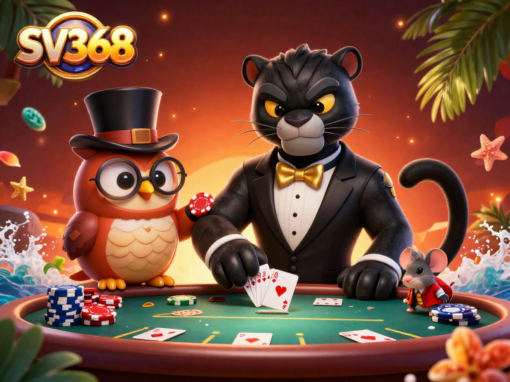 SV368 showcases a stylish panther dealer with poker cards and chips in a vibrant casino scene.
