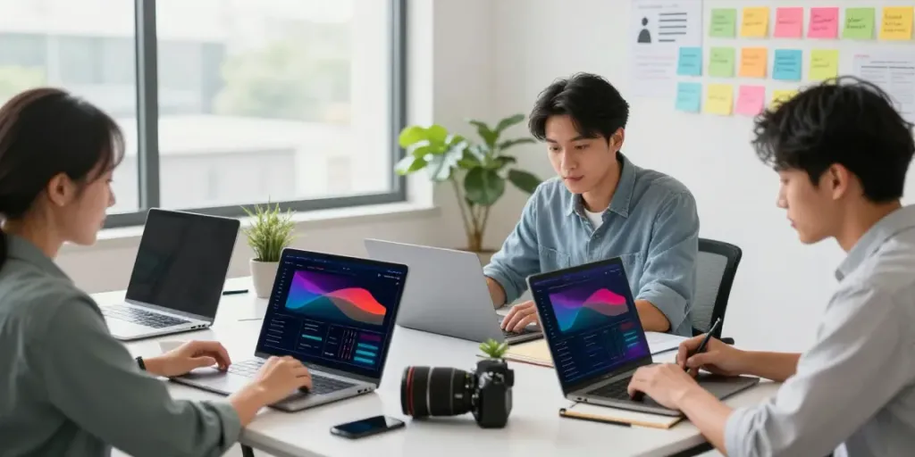 Team collaborating in a digital marketing workspace focused on instant indexing strategies and analytics.