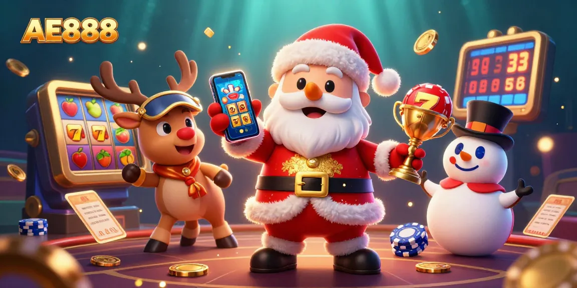 Experience the excitement of AE888 slots with Santa, reindeer, and a snowman amid a vibrant casino scene!