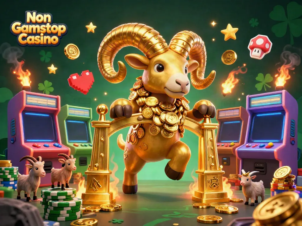 Engage with thrilling gameplay at Non Gamstop Casino featuring a dynamic golden ram in a vibrant, cartoonish 3D scene.