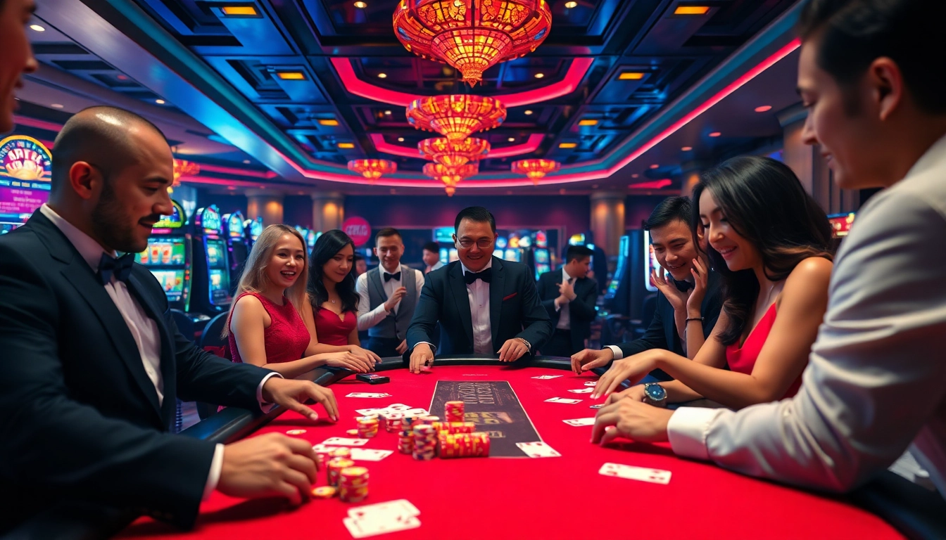 GG 88 players engage in thrilling poker action at a luxurious casino table with colorful neon lighting.
