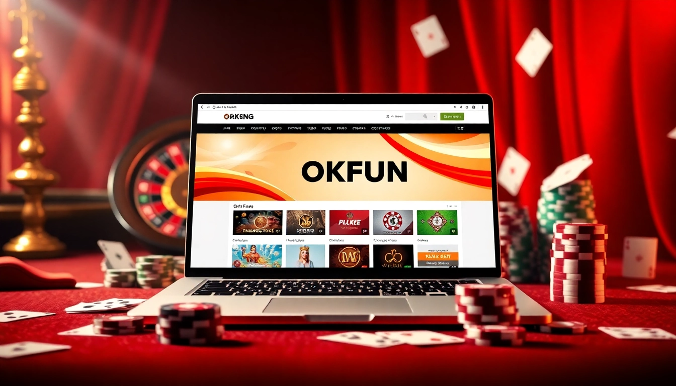 Experience the excitement of OKFUN đăng nhập, showcasing a modern online gaming interface in a luxurious casino setting.