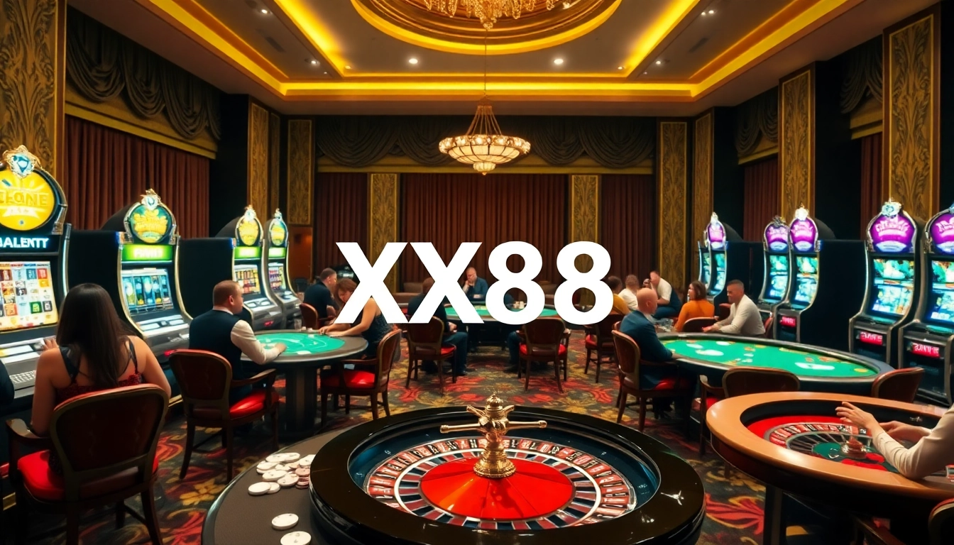 Players enjoying games at the luxurious XX88 casino, with vibrant slot machines and poker tables.