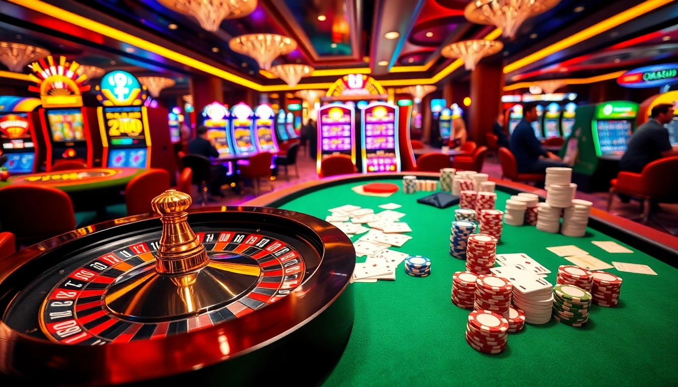The thrilling atmosphere of gambling at https://qq88.to/ featuring a bustling casino with a roulette wheel and poker chips.