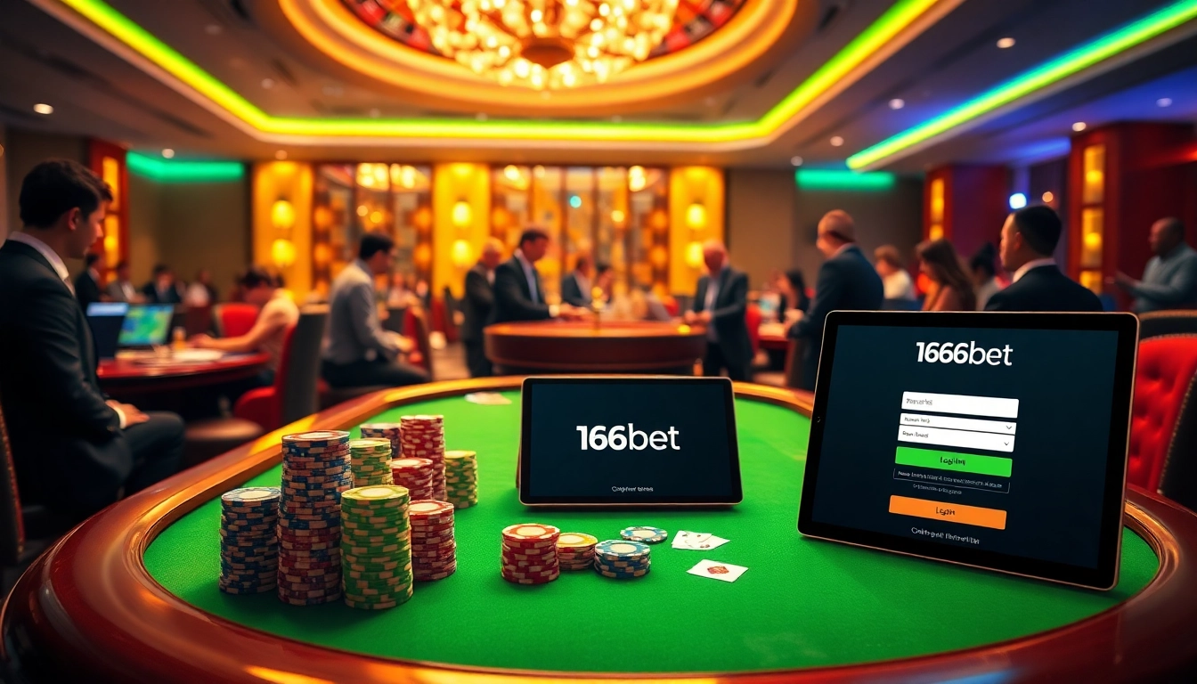 Exciting view of a thriving casino scene featuring poker chips and cards, alluding to 166bet Login.