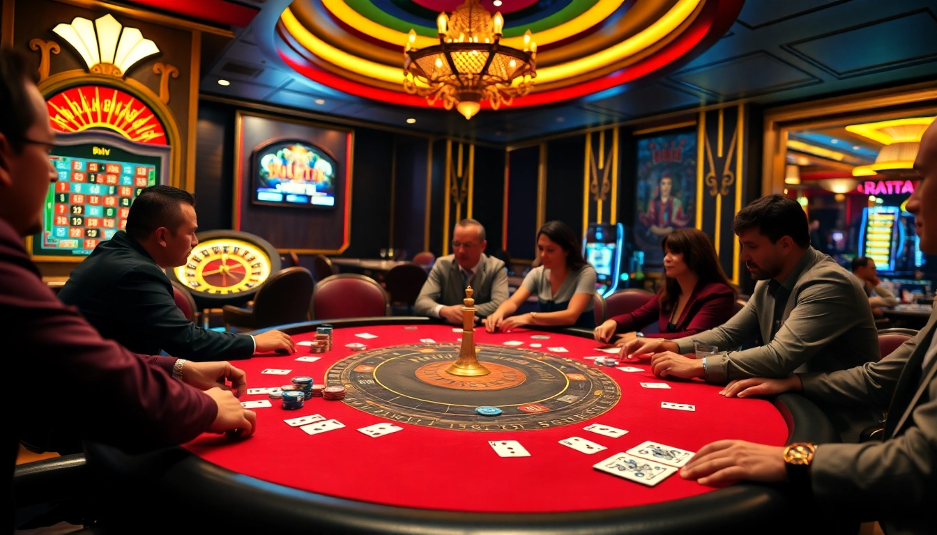 Players engage in intense poker gameplay at https://789f.town/, surrounded by colorful chips and lively casino ambiance.