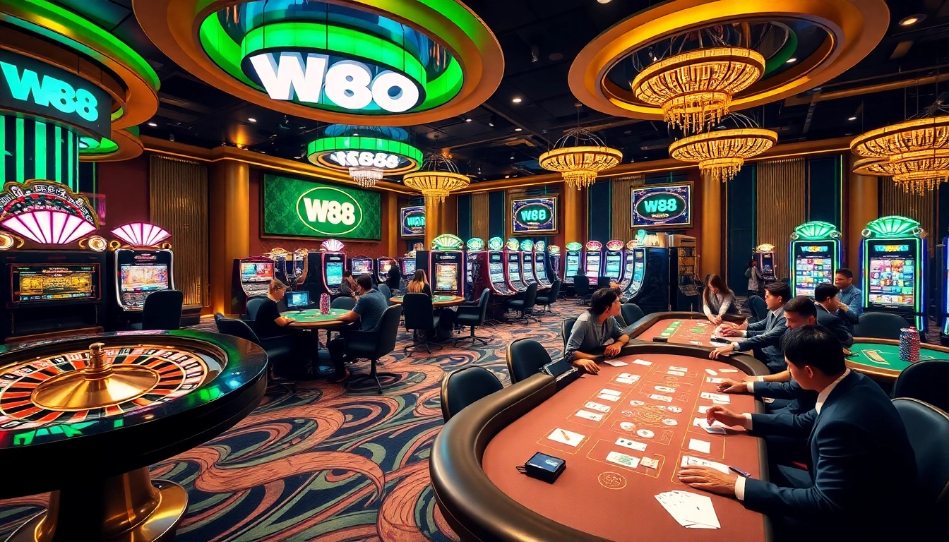 W88 casino tables filled with excited players enjoying thrilling gambling experiences.