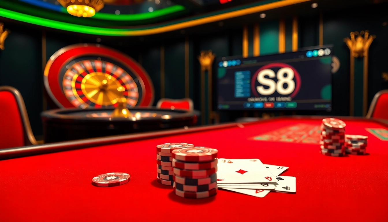 Players engage in thrilling casino action with S8 poker chips and cards on a vibrant gambling table.