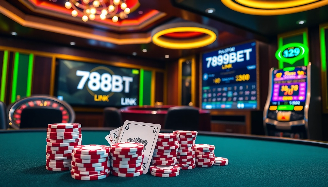 Engaging poker setup showcasing the professional ambiance and 789BET LINK for online gamblers.