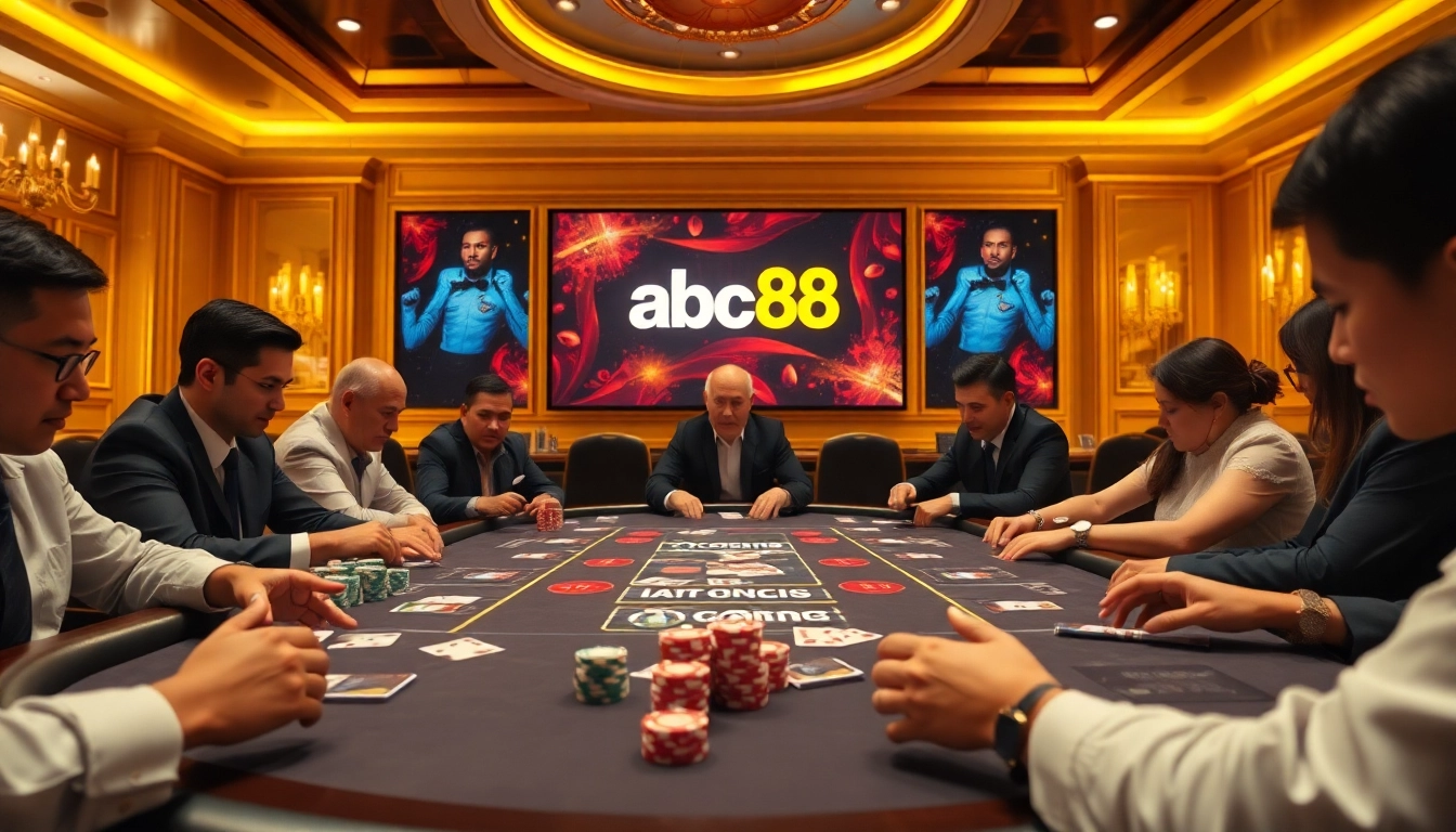 Engaged poker players strategizing at abc88 table in a luxurious casino setting.
