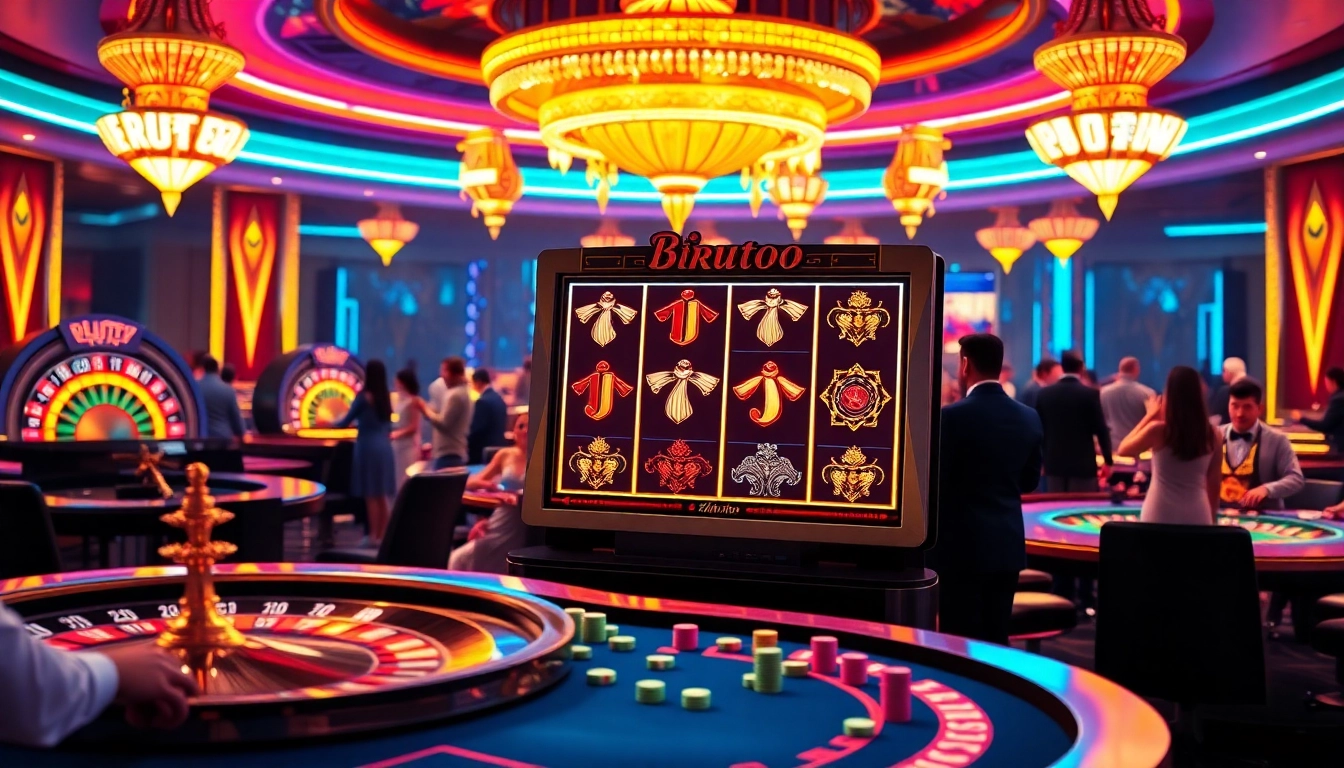 Engaging players at a birutoto-themed slot machine in a vibrant casino environment.