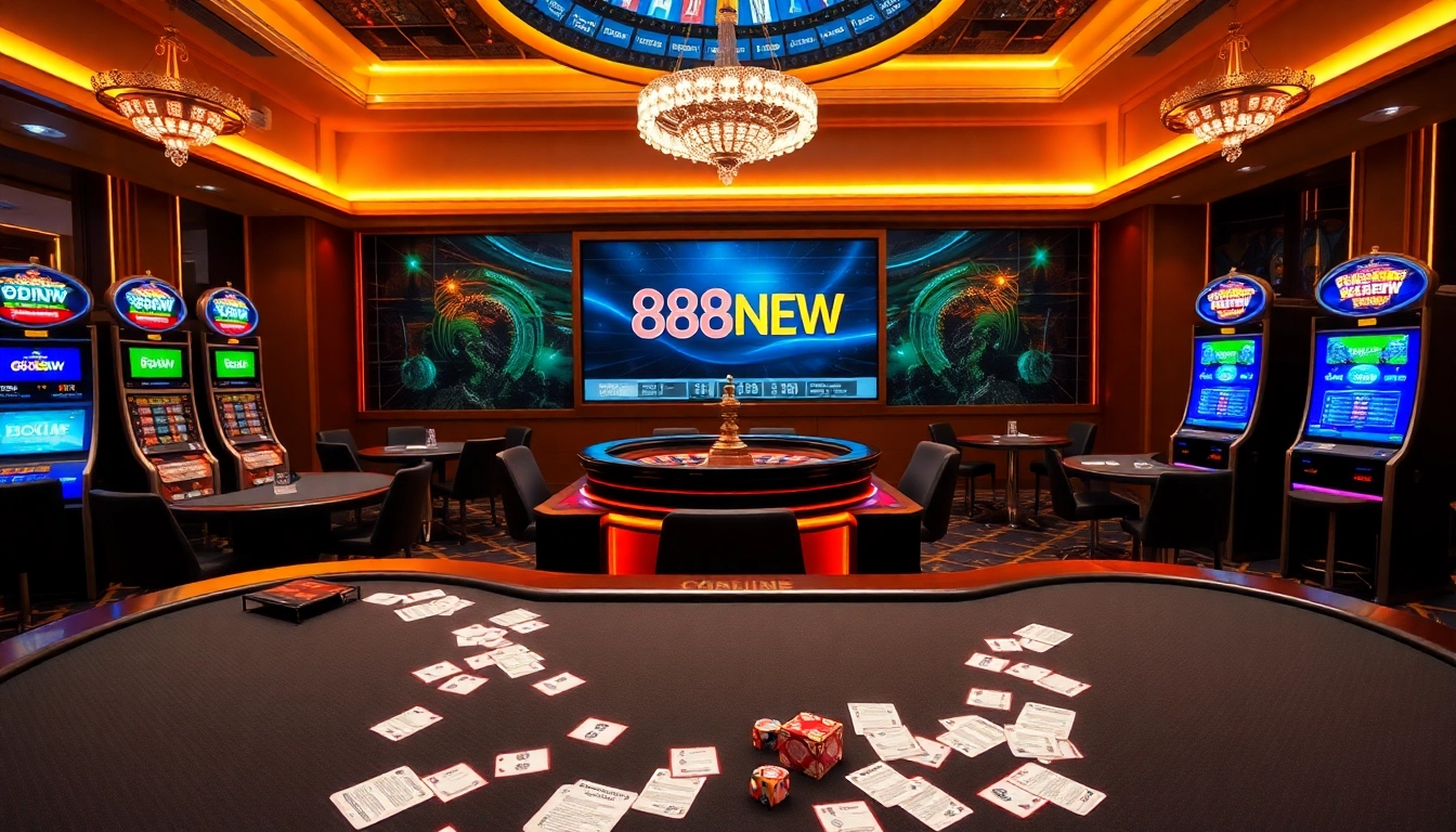 Experience the thrill of gambling at 888NEW's casino with vibrant tables and slot machines.
