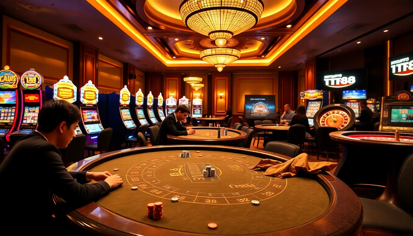 TT88 players placing bets at a dynamic casino filled with slot machines and poker tables.