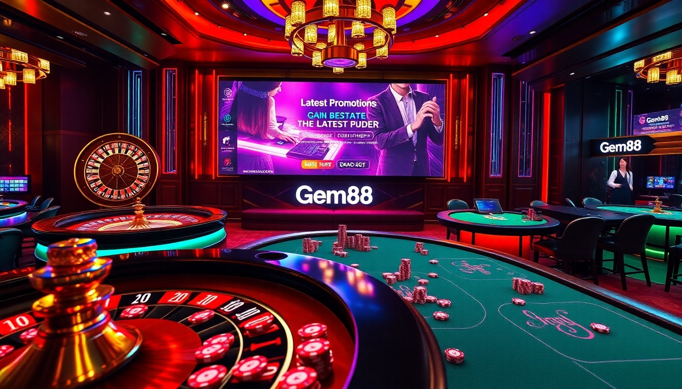Experience thrilling online gaming at https://gem88.buzz/, showcasing a vibrant casino scene with poker tables and roulette wheels.