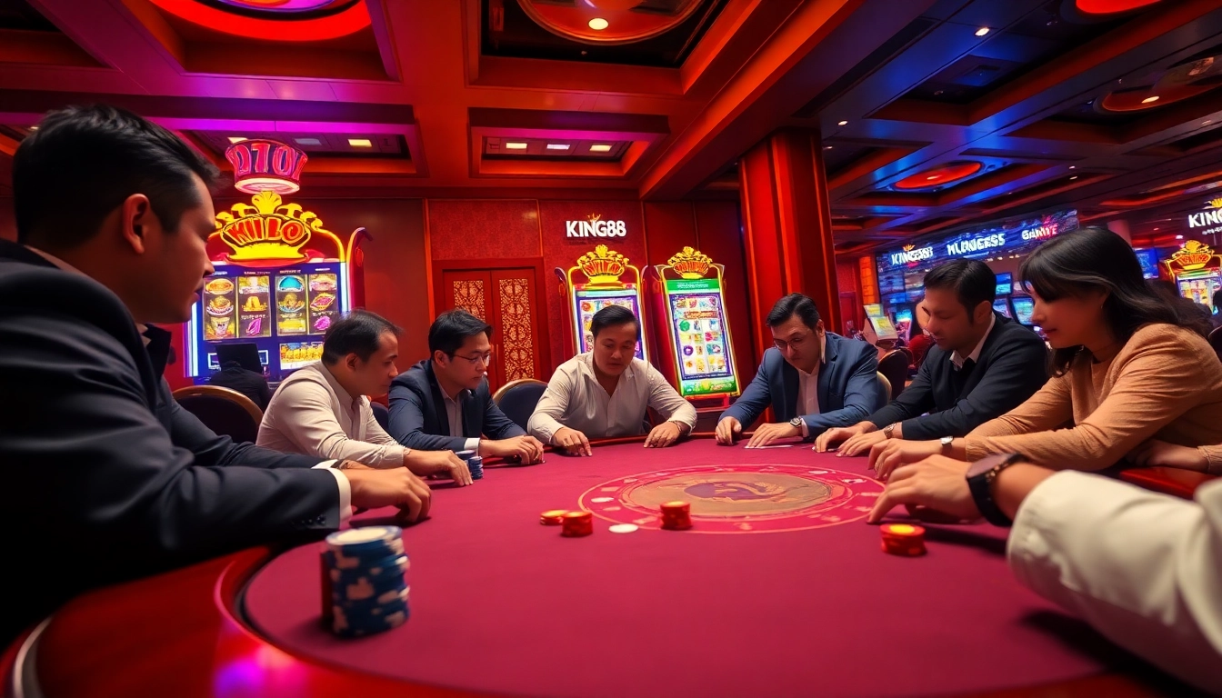 Experience the thrill of king88 with vibrant poker action and slot machines illuminating the casino scene.