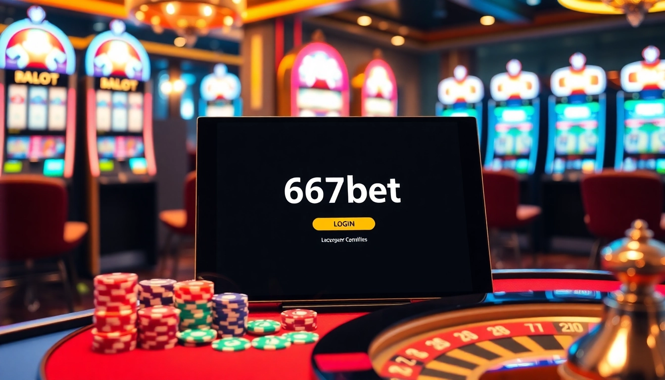 Engaging "667bet Login" interface surrounded by vibrant casino elements like roulette and poker chips.