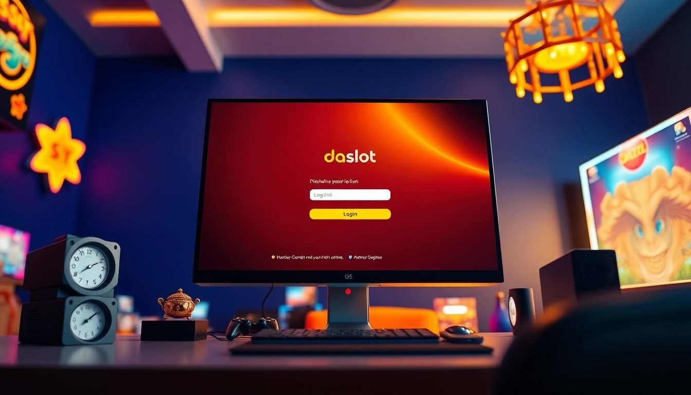 Engaging doaslot login interface on a modern gaming setup, showcasing user-friendly features in a vibrant online gaming atmosphere.
