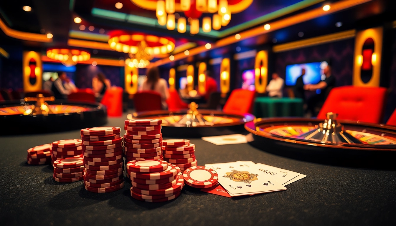 Experience thrilling gaming action at nk88.com with premium poker chips and vibrant roulette wheels.