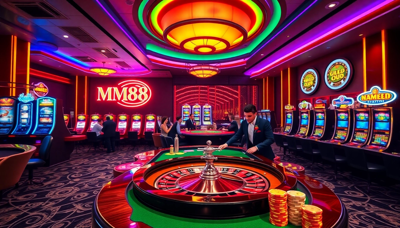 Players enjoying MM88 games at a vibrant casino table with colorful poker chips.