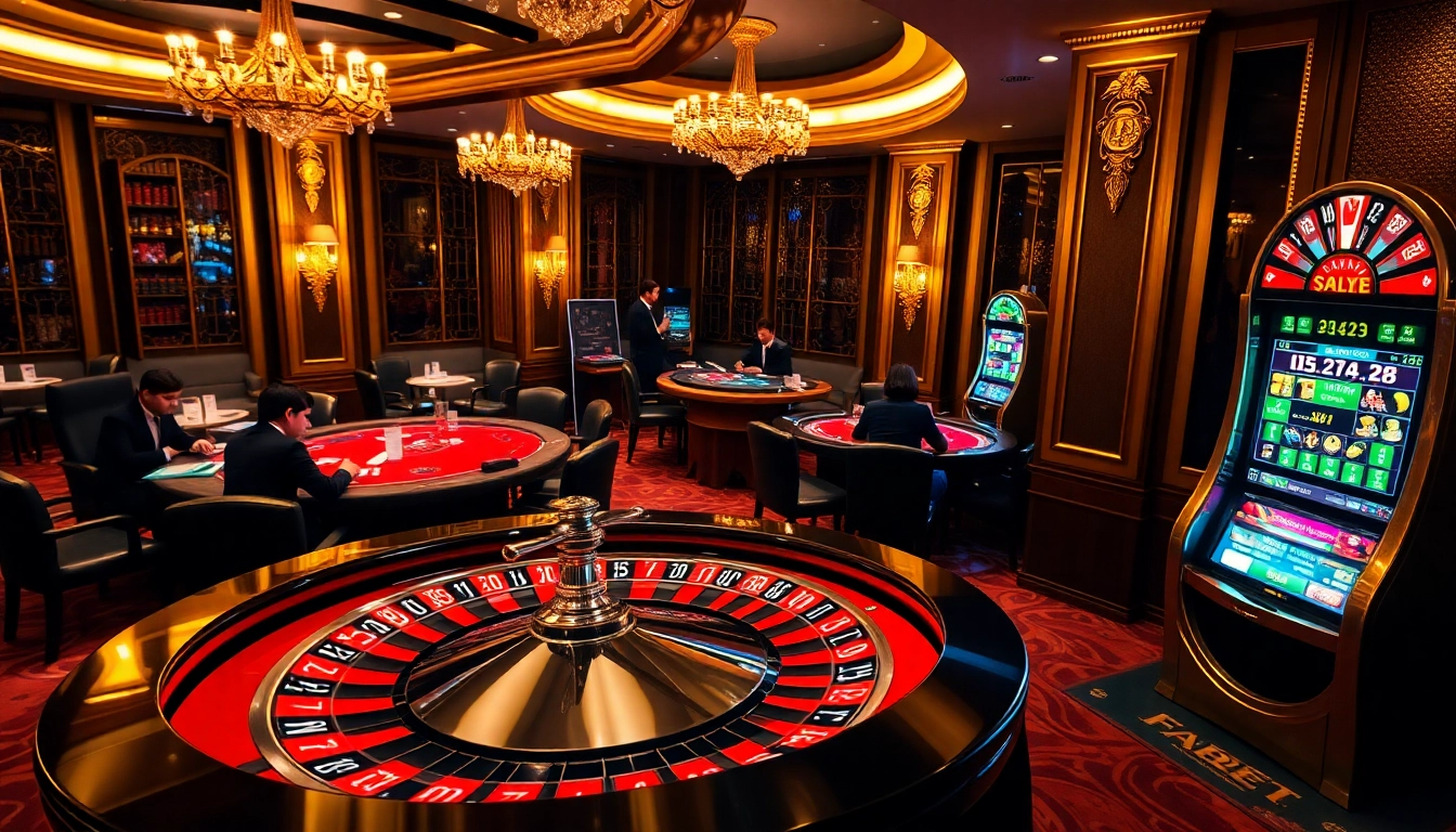 Players enjoying the thrill of gambling at a luxurious FABET casino, with vibrant tables and chips.