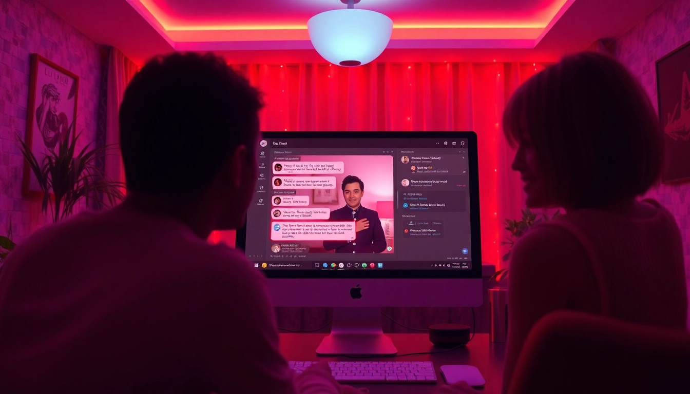 Engaging in AI sex chat with alluring digital characters in a vibrant virtual room.