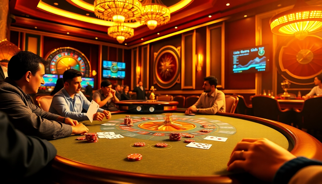 Experience thrilling high-stakes play at https://fb88b.net/ featuring a vibrant poker table and roulette wheel.