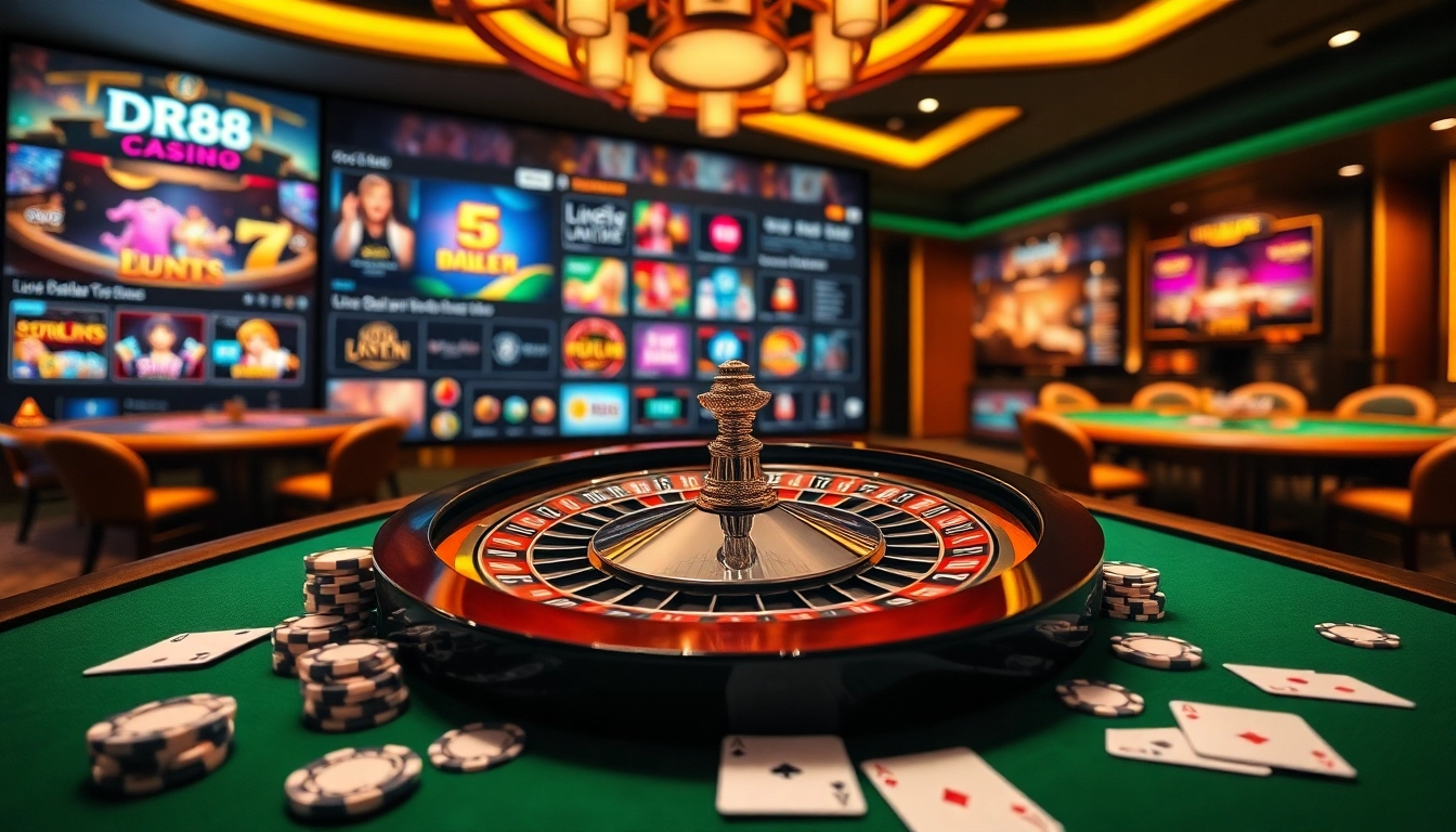 Players enjoying a winning moment at the DR88 online casino with vibrant gaming elements.