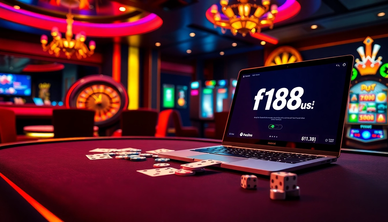 Experience dynamic gambling at https://f168.us/ with a vibrant casino setting featuring poker tables and slot machines.