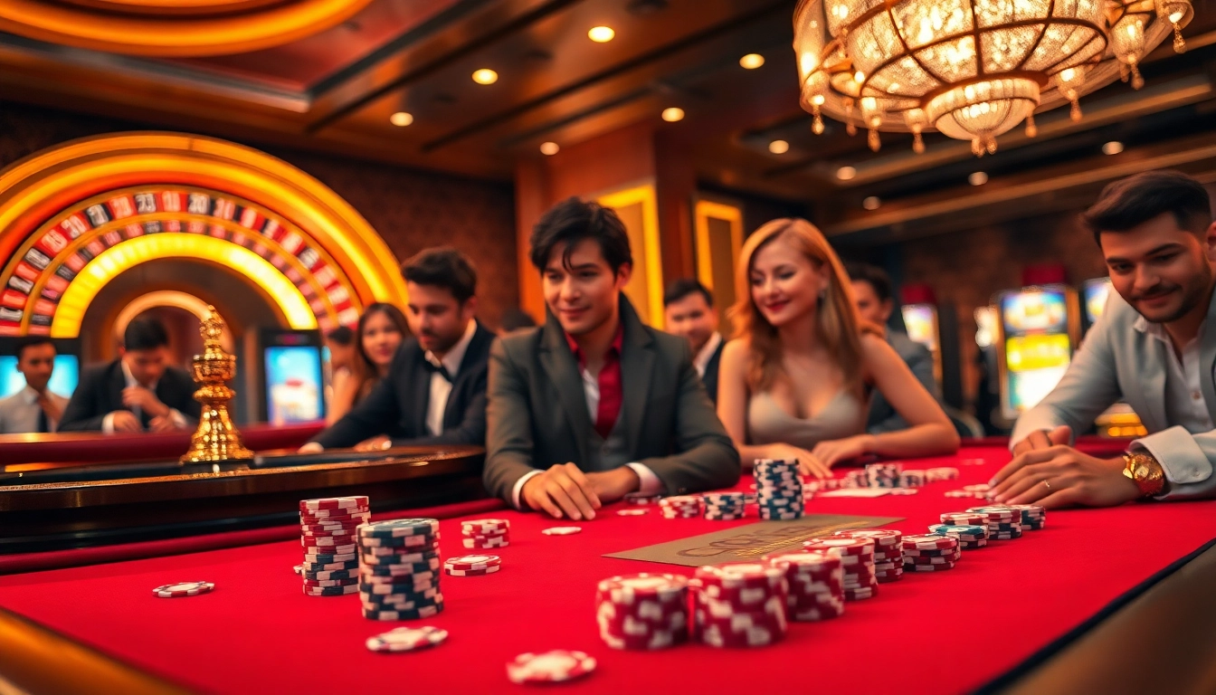 Players enjoying a thrilling game at the Oke99 casino table, showcasing excitement and luxury.