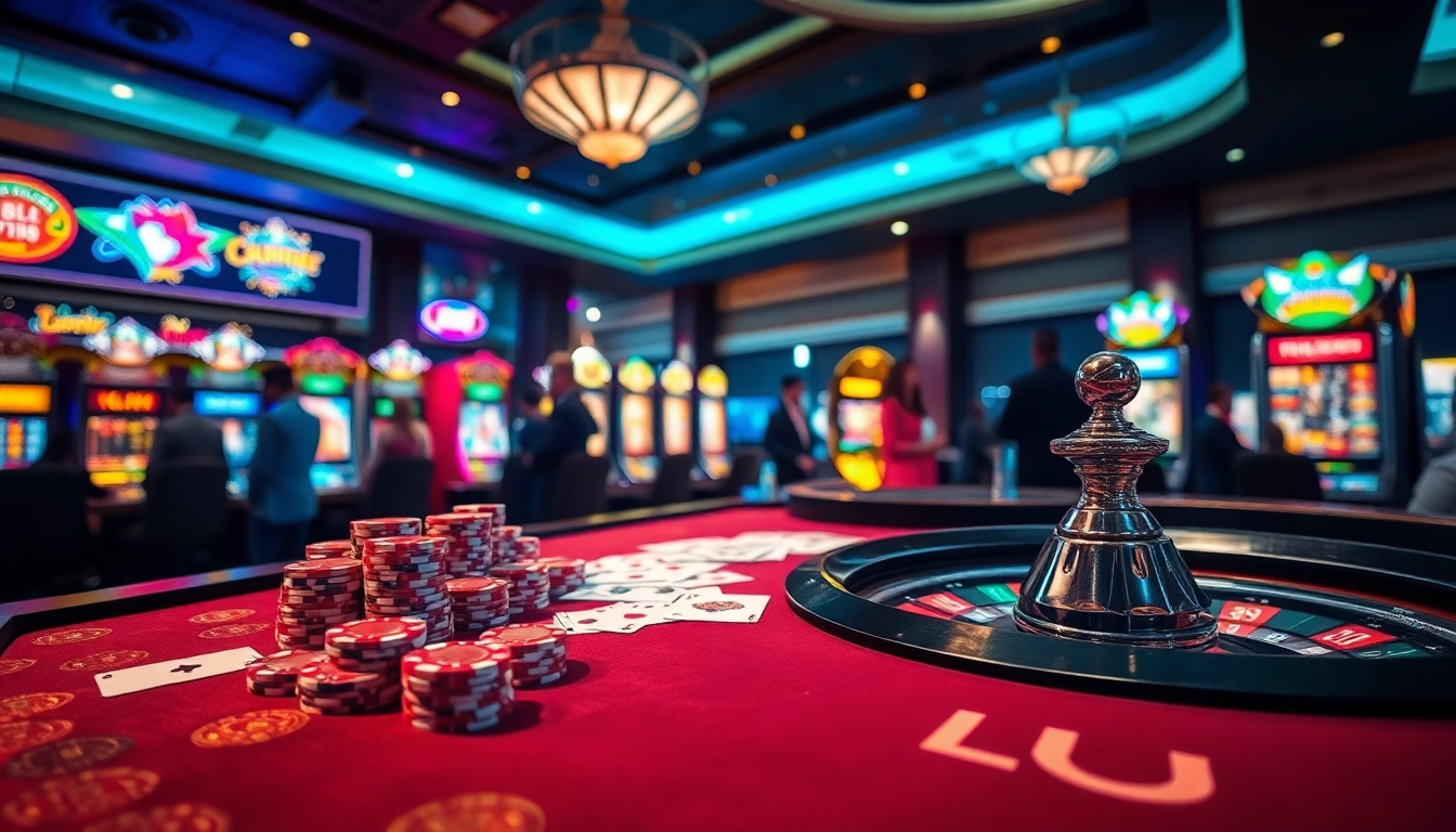 Experience the excitement of casino gaming at Lu88, featuring elegant poker tables and vibrant slot machines.