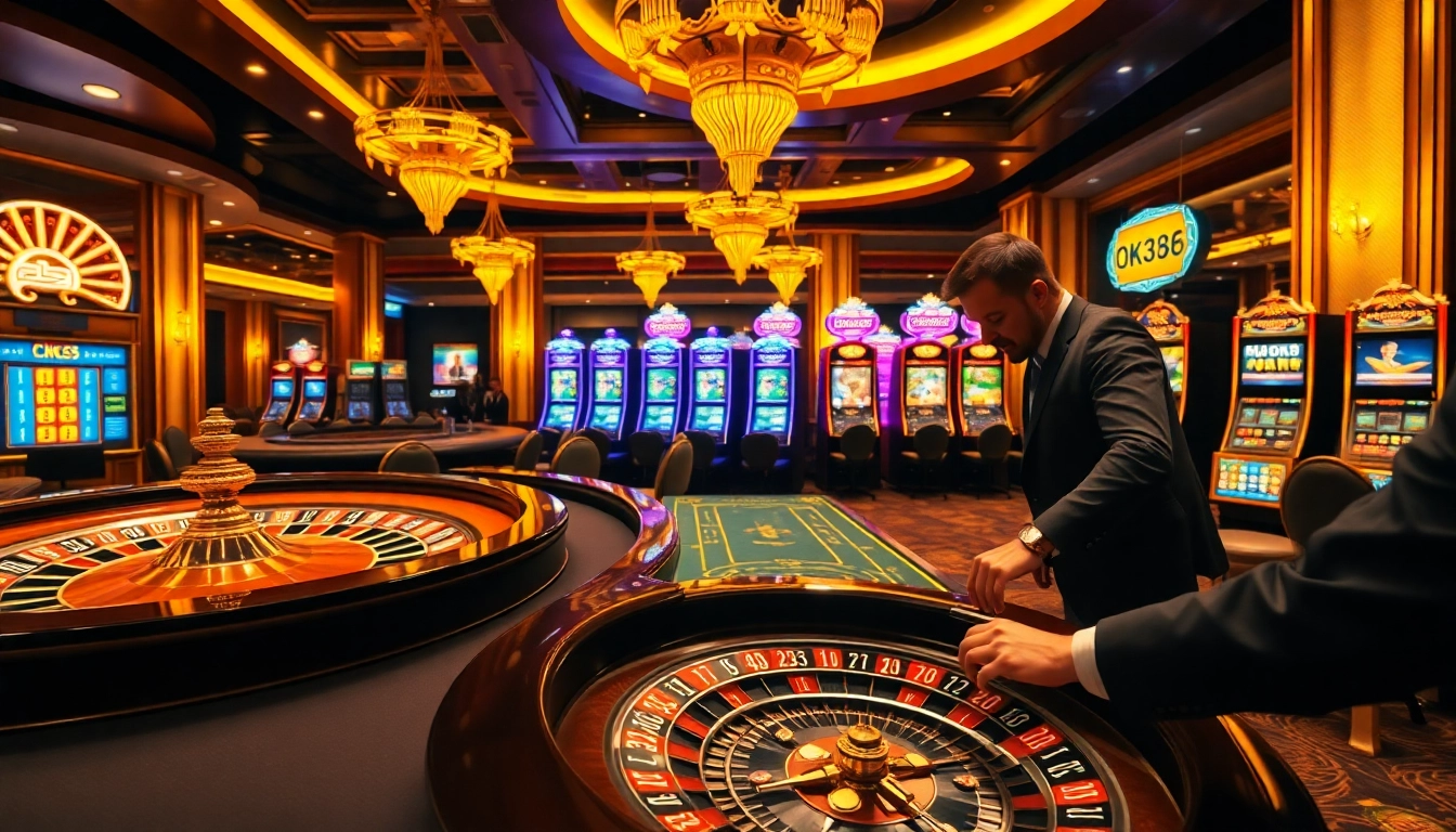 Engage with the thrilling atmosphere of OK8386 casino featuring vibrant roulette and slot machines.